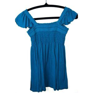 H&M Teal Smocked Off-Shoulder Top Womens M 100% Viscose Lightweight